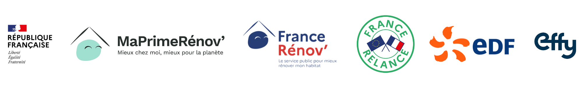 Logos Aides à la rénovation énergétique MaPrimRenov FranceRenov France Relance EDF Effy